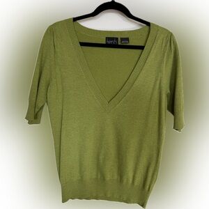 Kersh Green V-Neck Knit Sweater Top Stretch Cotton Size Large